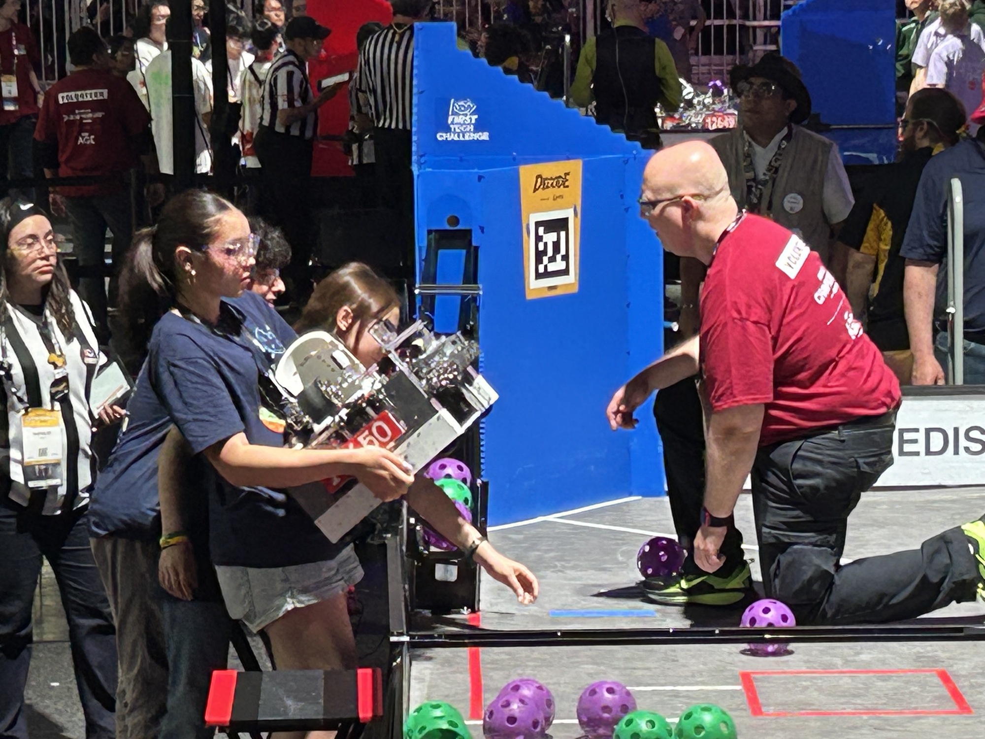 Team 18650 preparing the robot before a match at FIRST Championship Houston 2026